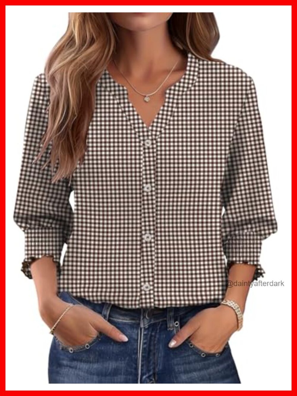 Womens 3/4 Sleeve V-Neck Button Down Blouse Smocked Cuff Plaid Business Casual